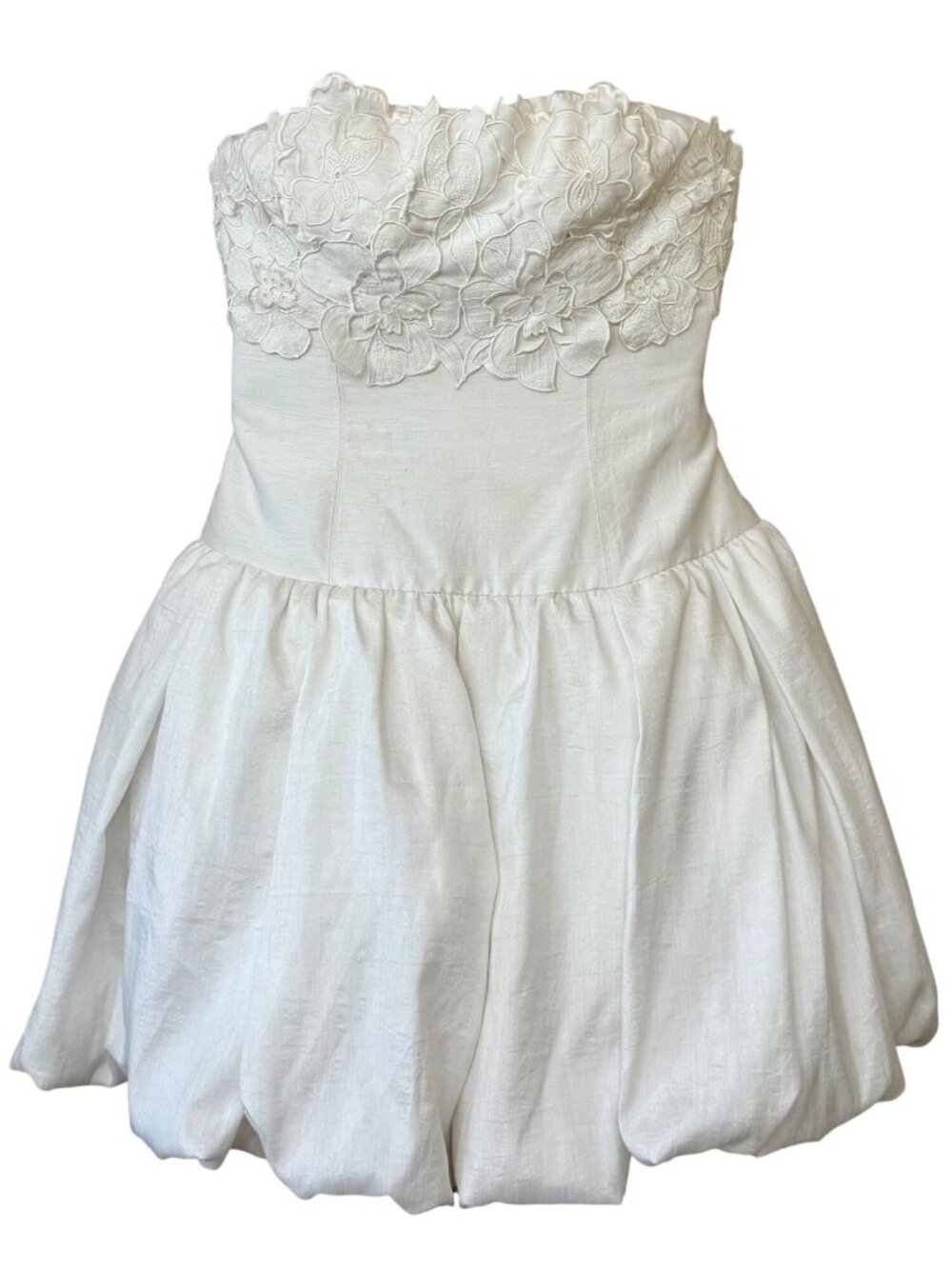 BHLDN Anthropologie Strapless Floral Applique Bubble Hem White Mini Dress 4 - Picture 14 of 16